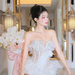 ชุดเดรส เกาะอก แต่งระบาย ลูกไม้ สีขาว สีชมพู BRAND THAOBIBI 2215 Size M BKK