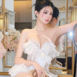 ชุดเดรส เกาะอก แต่งระบาย ลูกไม้ สีขาว สีชมพู BRAND THAOBIBI 2215 Size M BKK