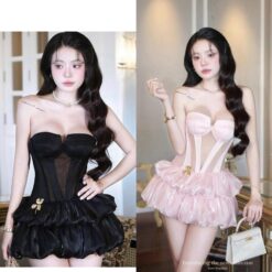 ชุดเดรส เกาะอก แต่งเพชร สีดำ สีชมพู BRAND THAOBIBI 2214 Size M BKK