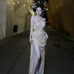ชุดเดรส เกาะอก แต่งมุก สีทอง Brand HiSo 3073 Size M BKK