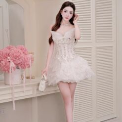 ชุดเดรส แต่งโบว์+กลิตเตอร์ สีขาว Brand HiSo 2225 Size M BKK