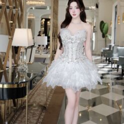 ชุดเดรส แต่งโบว์+กลิตเตอร์ สีขาว Brand HiSo 2225 Size M BKK