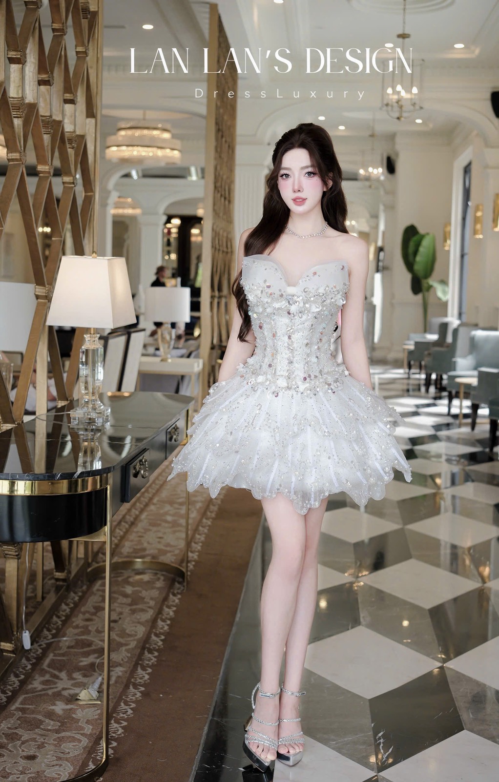 ชุดเดรส แต่งโบว์+กลิตเตอร์ สีขาว Brand HiSo 2225 Size M BKK - Image 3