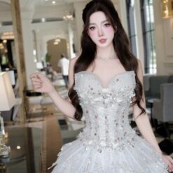ชุดเดรส แต่งโบว์+กลิตเตอร์ สีขาว Brand HiSo 2225 Size M BKK