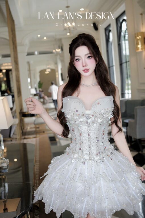 ชุดเดรส แต่งโบว์+กลิตเตอร์ สีขาว Brand HiSo 2225 Size M BKK - Image 2