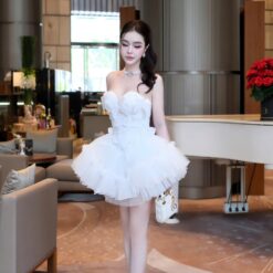ชุดเดรส เกาะอก แต่งโบว์ สีขาว Brand HiSo 2224 Size S BKK
