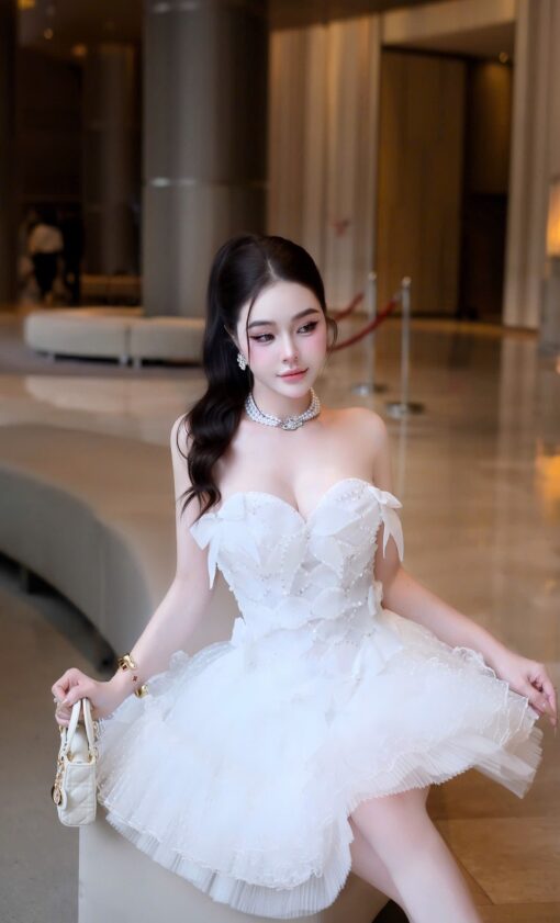 ชุดเดรส เกาะอก แต่งโบว์ สีขาว Brand HiSo 2224 Size S BKK - Image 3