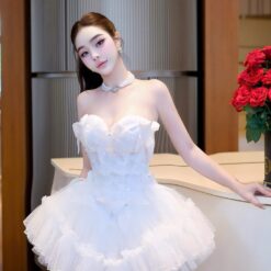 ชุดเดรส เกาะอก แต่งโบว์ สีขาว Brand HiSo 2224 Size S BKK