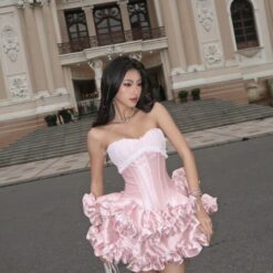 ชุดเดรส เกาะอก แต่งโบว์ สีชมพู BRAND LANE CI 2223 Size M BKK