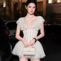 ชุดเดรส แต่งกลิตเตอร์ สีขาว BRAND OBIBI 2236 Size M