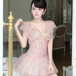 ชุดเดรส แต่งกลิตเตอร์ สีชมพู BRAND OBIBI 2235 Size M