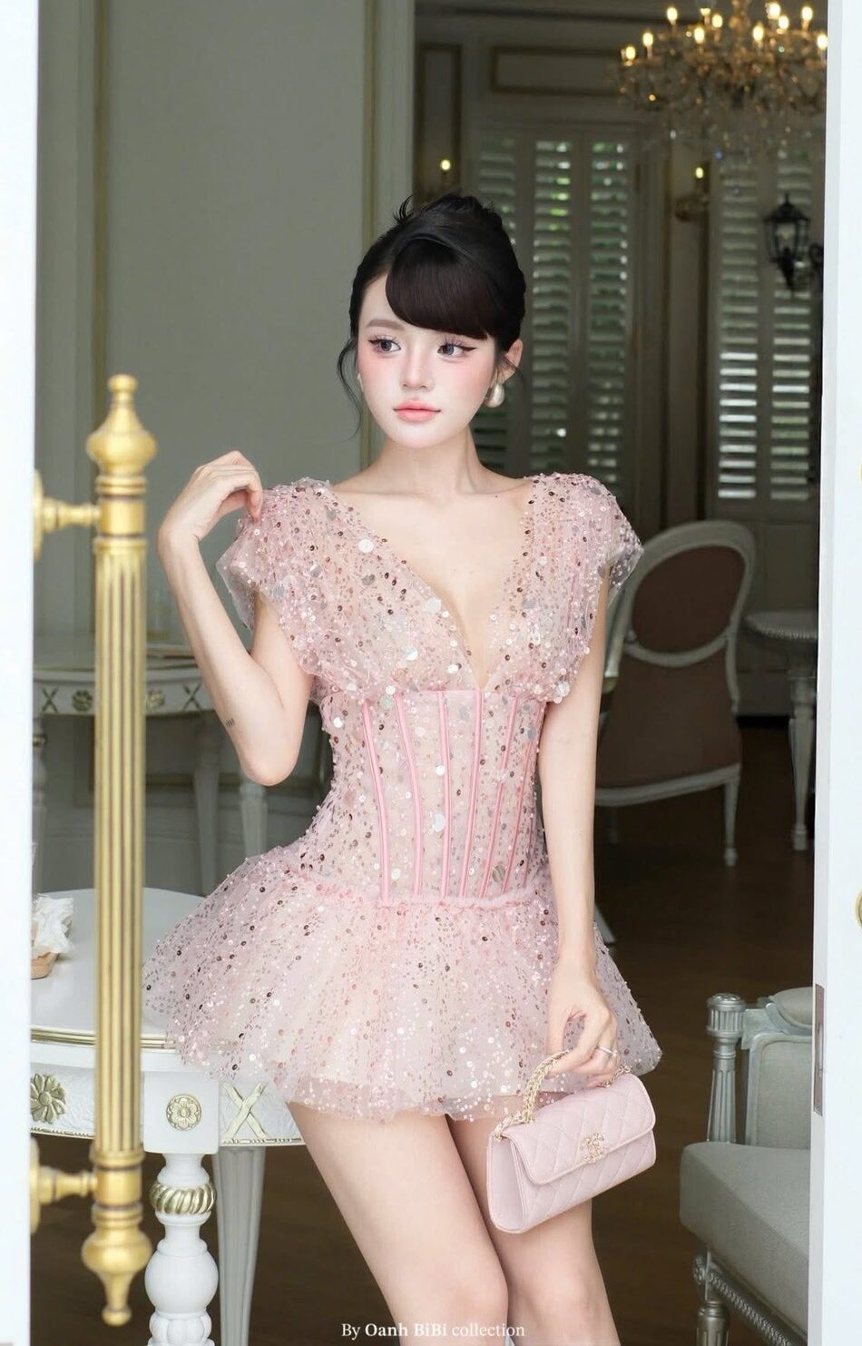 ชุดเดรส แต่งกลิตเตอร์ สีชมพู BRAND OBIBI 2235 Size M