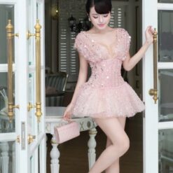 ชุดเดรส แต่งกลิตเตอร์ สีชมพู BRAND OBIBI 2235 Size M