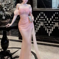 ชุดราตรี เกาะอกแต่งมุก+ถุงมือ สีชมพู Brand HiSo 3074 SizeM BKK