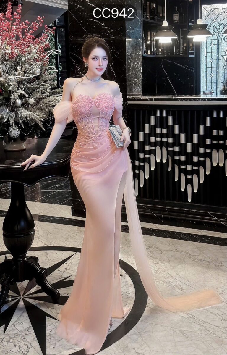 ชุดราตรี เกาะอกแต่งมุก+ถุงมือ สีชมพู Brand HiSo 3074 SizeM BKK