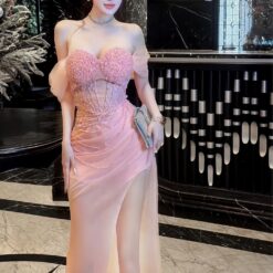 ชุดราตรี เกาะอกแต่งมุก+ถุงมือ สีชมพู Brand HiSo 3074 SizeM BKK
