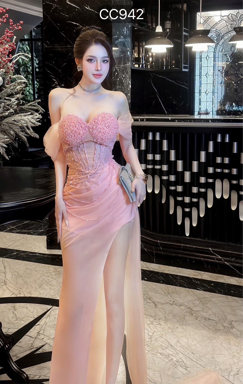 ชุดราตรี เกาะอกแต่งมุก+ถุงมือ สีชมพู Brand HiSo 3074 SizeM BKK - Image 4