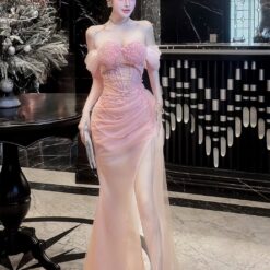 ชุดราตรี เกาะอกแต่งมุก+ถุงมือ สีชมพู Brand HiSo 3074 SizeM BKK