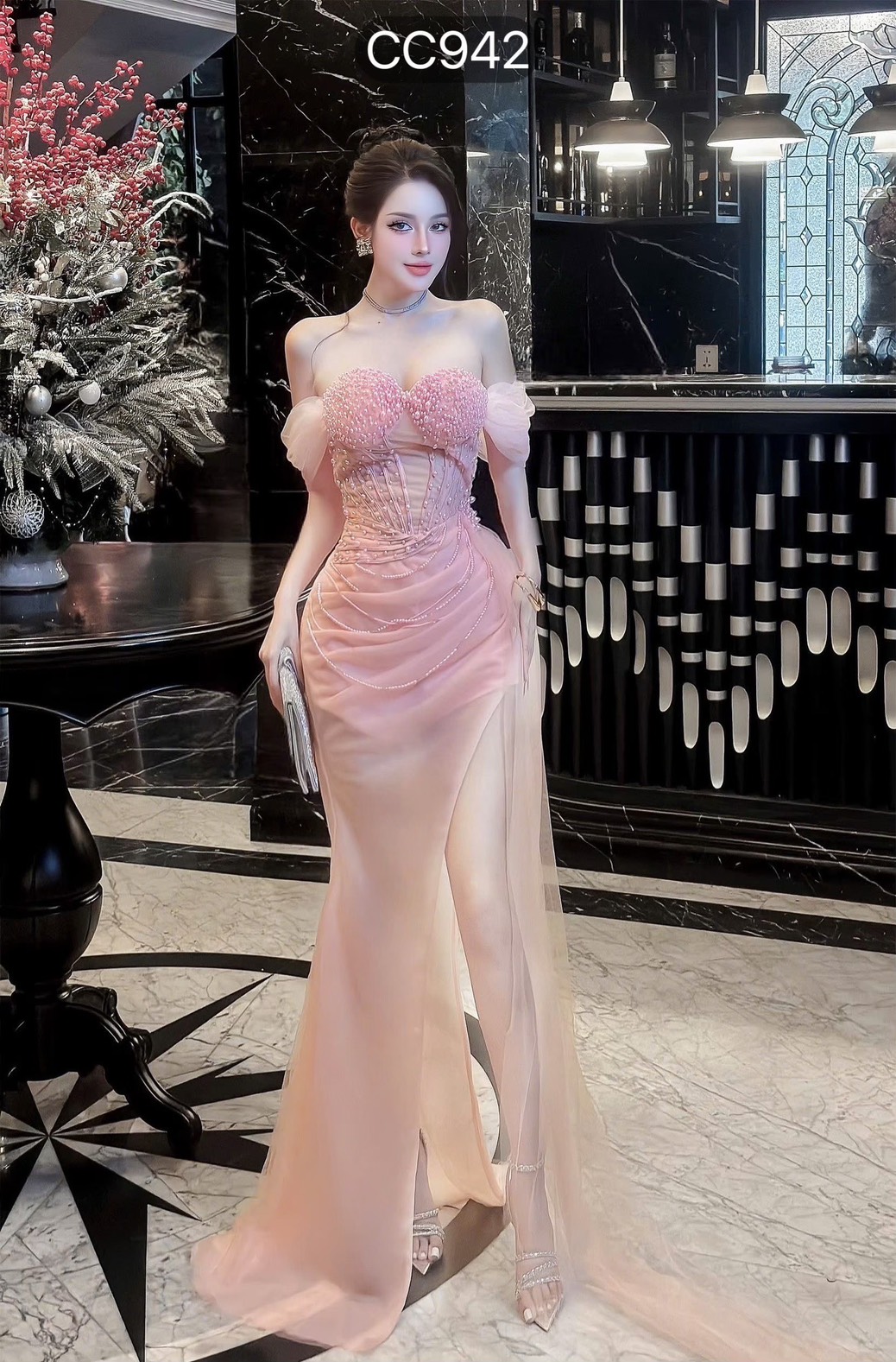 ชุดราตรี เกาะอกแต่งมุก+ถุงมือ สีชมพู Brand HiSo 3074 SizeM BKK - Image 3