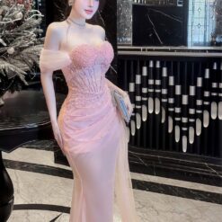 ชุดราตรี เกาะอกแต่งมุก+ถุงมือ สีชมพู Brand HiSo 3074 SizeM BKK