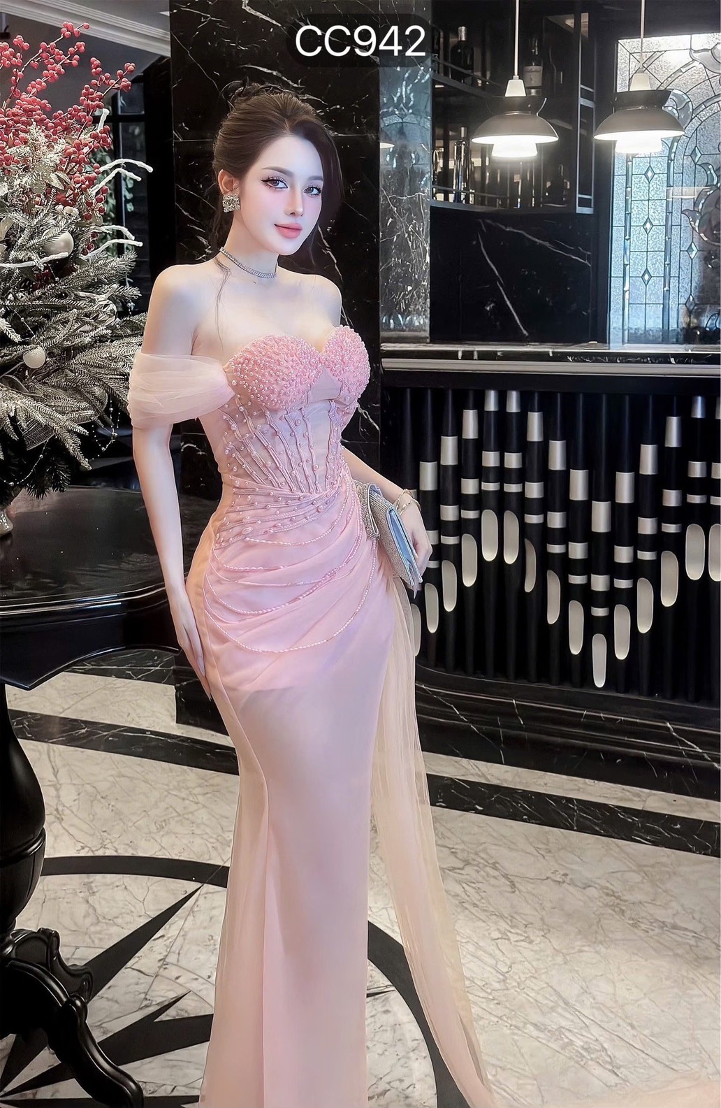 ชุดราตรี เกาะอกแต่งมุก+ถุงมือ สีชมพู Brand HiSo 3074 SizeM BKK - Image 2