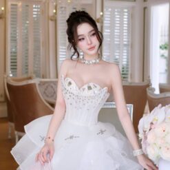 ชุดเดรส เกาะอก แต่งเพชร+กลิตเตอร์ สีขาว Brand HiSo 2239 SizeM BKK