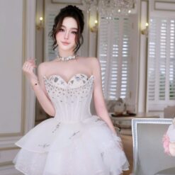 ชุดเดรส เกาะอก แต่งเพชร+กลิตเตอร์ สีขาว Brand HiSo 2239 SizeM BKK
