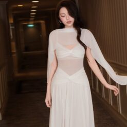 ชุดเดรส ราตรียาว สายเดี่ยว สีขาว BRAND OBIBI 3077 Size S,M BKK