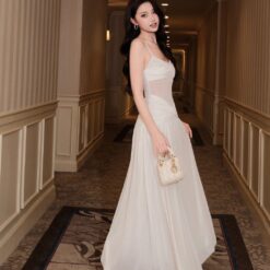 ชุดเดรส ราตรียาว สายเดี่ยว สีขาว BRAND OBIBI 3077 Size S,M BKK