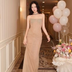 ชุดเดรส ราตรียาว เกาะอก แต่งเพรช สีดำ สีครีมทอง BRAND OBIBI 3078 SizeS BKK