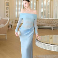 ชุดเดรส ราตรียาว ปาดไหล่ สีฟ้า สีน้ำตาล BRAND OBIBI 3079 Size S-M BKK