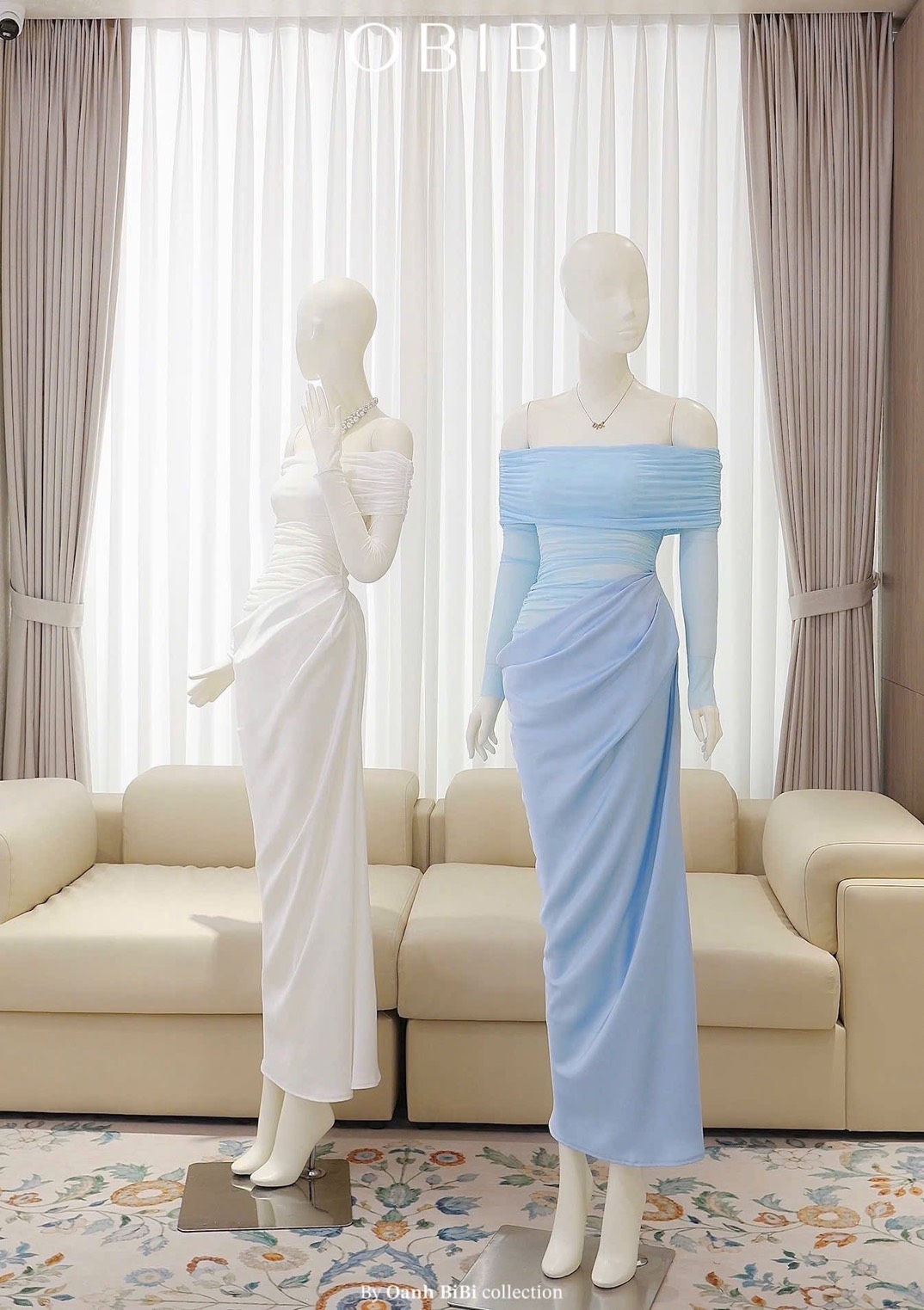 ชุดเดรส ราตรียาว ปาดไหล่ สีฟ้า สีน้ำตาล BRAND OBIBI 3079 Size S-M BKK - Image 6