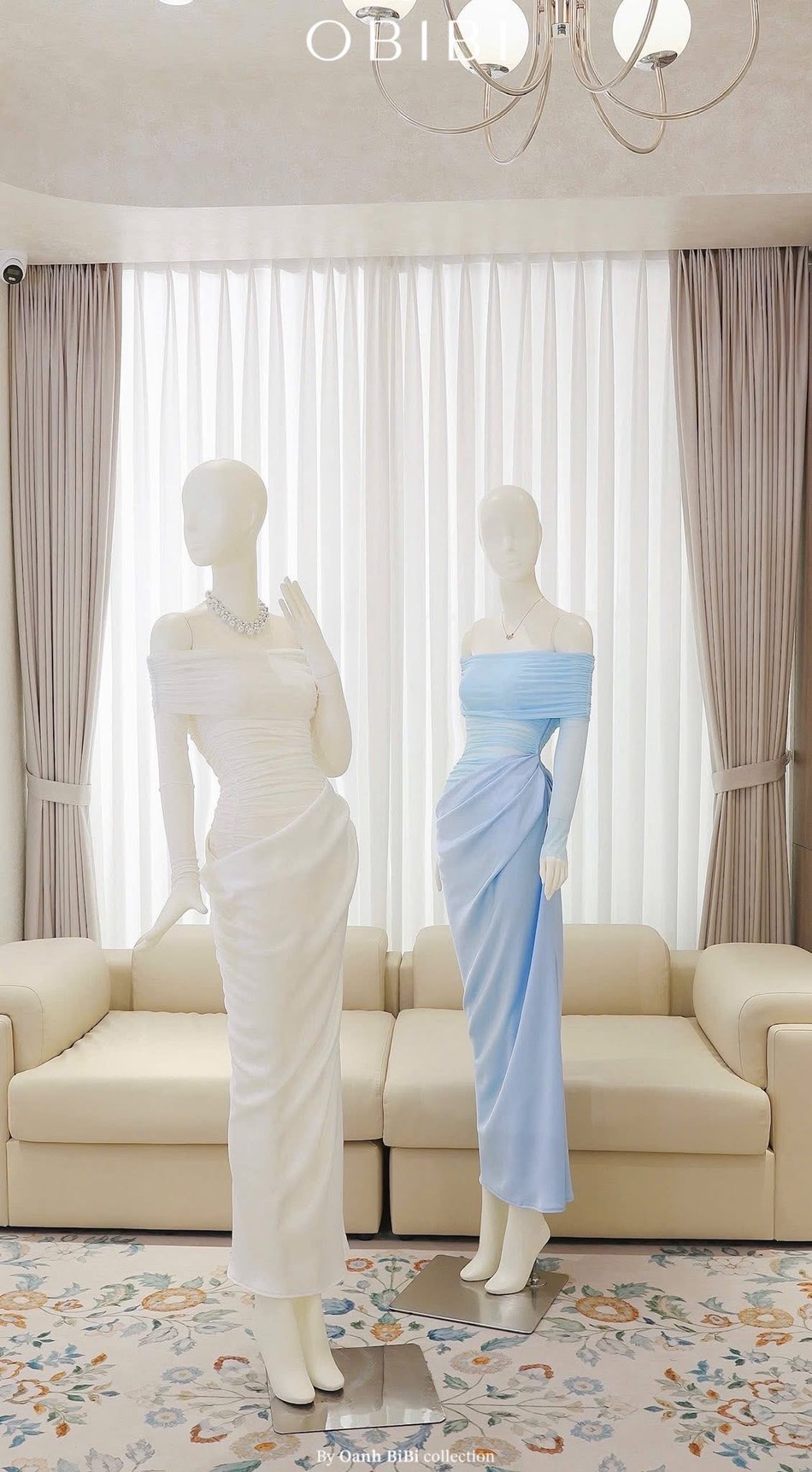 ชุดเดรส ราตรียาว ปาดไหล่ สีฟ้า สีน้ำตาล BRAND OBIBI 3079 Size S-M BKK - Image 7