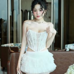 ชุดเซ็ท เสื้อ กระโปรง ลูกไม้ สีขาว BRAND OBIBI  4034 Size M BKK