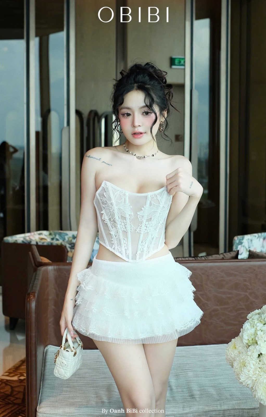 ชุดเซ็ท เสื้อ กระโปรง ลูกไม้ สีขาว BRAND OBIBI 4034 Size M BKK