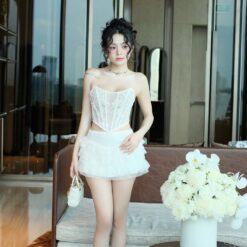 ชุดเซ็ท เสื้อ กระโปรง ลูกไม้ สีขาว BRAND OBIBI  4034 Size M BKK
