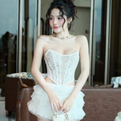 ชุดเซ็ท เสื้อ กระโปรง ลูกไม้ สีขาว BRAND OBIBI  4034 Size M BKK
