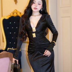 ชุดเดรส ราตรียาว แขนยาว สีดำ BRAND OBIBI 3080 Size S BKK