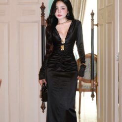 ชุดเดรส ราตรียาว แขนยาว สีดำ BRAND OBIBI 3080 Size S BKK