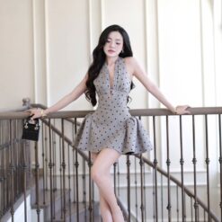 ชุดเดรส คล้องคอ สีเทา ลายจุด BRAND OBIBI 2246 Size M BKK