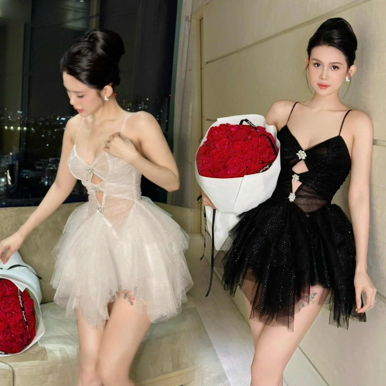 ชุดเดรส สายเดี๋ยว กลิตเตอร์ แต่งเพรช สีขาว สีดำ BRAND OBIBI 2246 Size S,M BKK