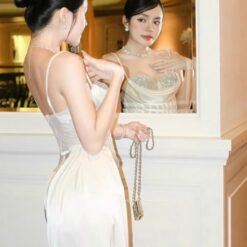ชุดเดรส ราตรียาว สายเดี่ยว เพรช สีขาว สีแดง สีดำ BRAND OBIBI 3085 Size S-M BKK