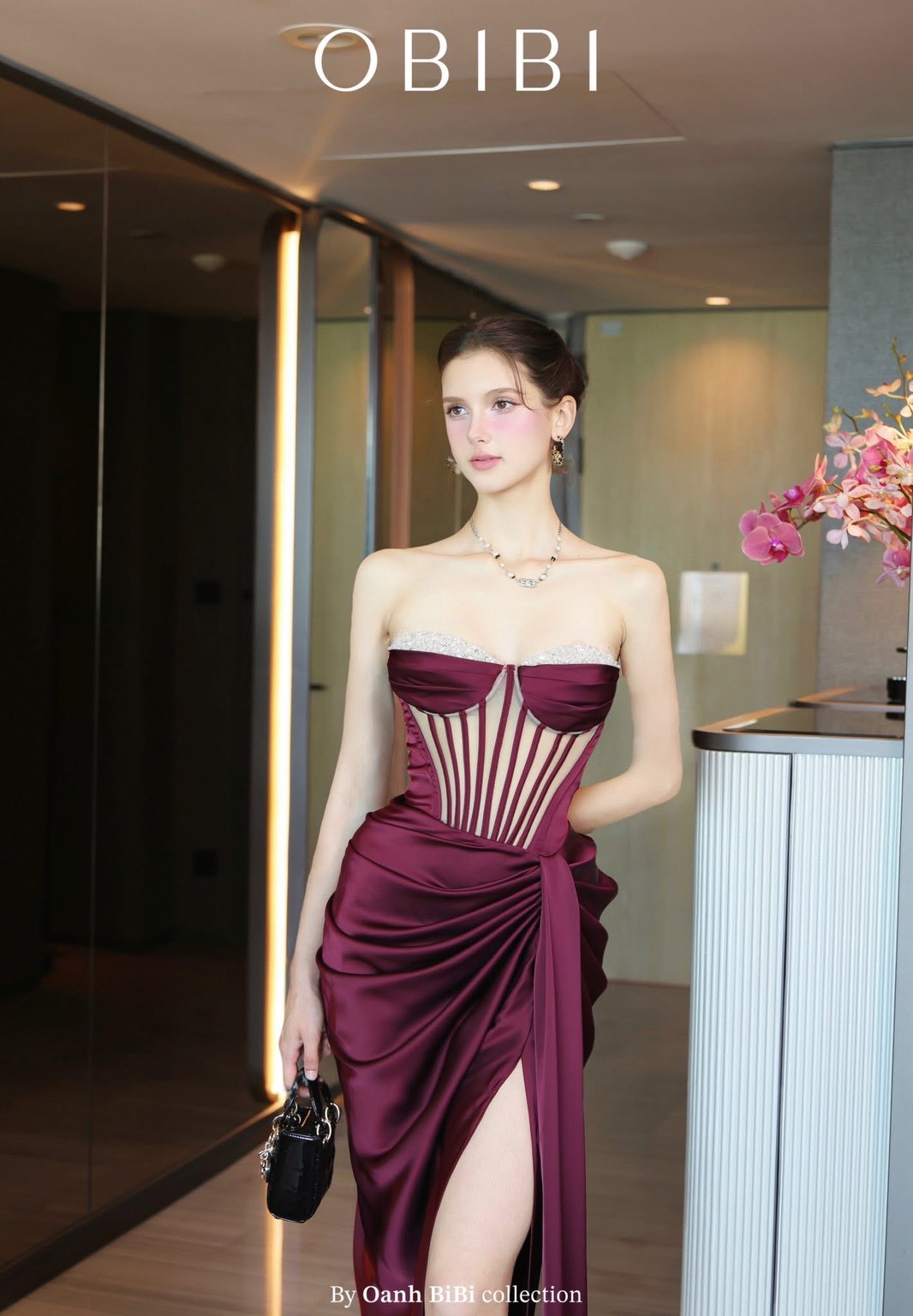 ชุดเดรส ราตรียาว เกาะอก เพรช สีขาว สีทอง สีฟ้า สีแดงไวน์ BRAND OBIBI 3084 Size S-M BKK - Image 23