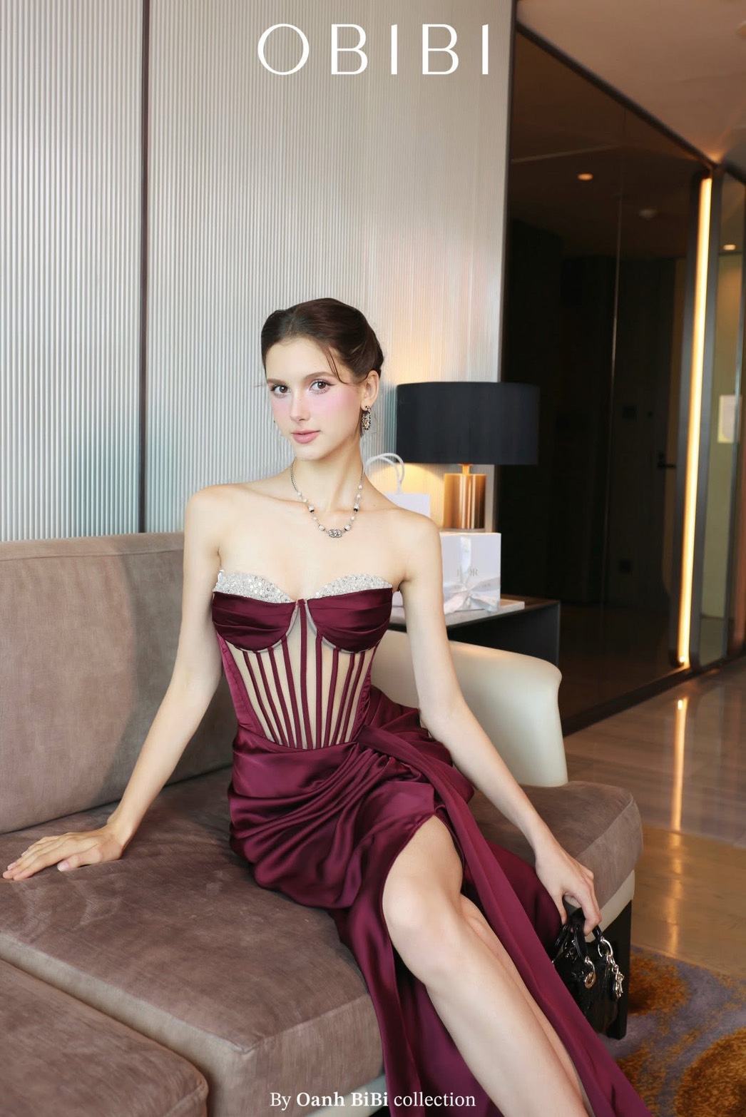 ชุดเดรส ราตรียาว เกาะอก เพรช สีขาว สีทอง สีฟ้า สีแดงไวน์ BRAND OBIBI 3084 Size S-M BKK - Image 22