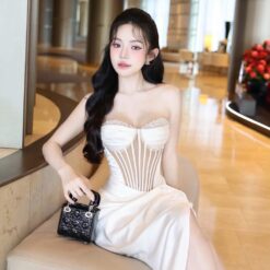ชุดเดรส ราตรียาว เกาะอก เพรช สีขาว สีทอง สีฟ้า สีแดงไวน์ BRAND OBIBI 3084 Size S-M BKK