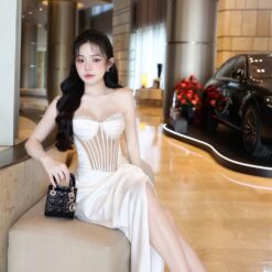 ชุดเดรส ราตรียาว เกาะอก เพรช สีขาว สีทอง สีฟ้า สีแดงไวน์ BRAND OBIBI 3084 Size S-M BKK