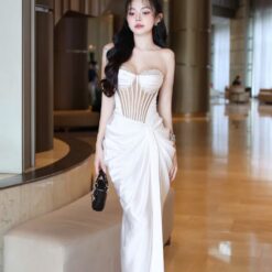 ชุดเดรส ราตรียาว เกาะอก เพรช สีขาว สีทอง สีฟ้า สีแดงไวน์ BRAND OBIBI 3084 Size S-M BKK