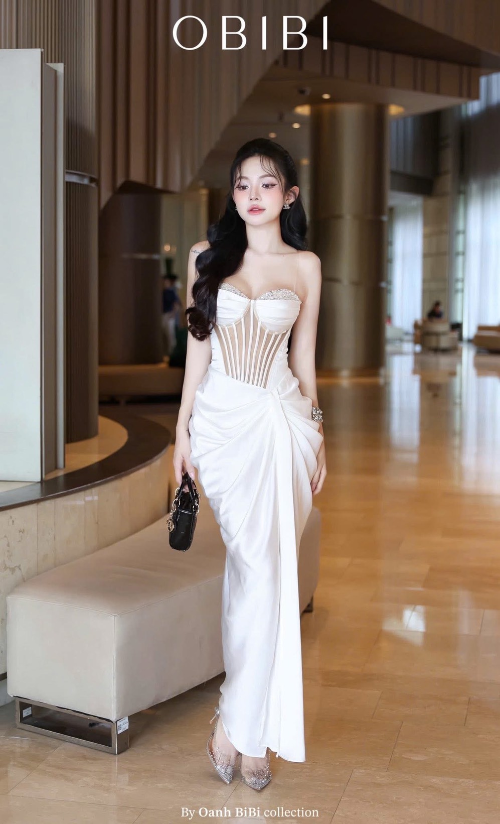 ชุดเดรส ราตรียาว เกาะอก เพรช สีขาว สีทอง สีฟ้า สีแดงไวน์ BRAND OBIBI 3084 Size S-M BKK - Image 2