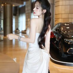 ชุดเดรส ราตรียาว เกาะอก เพรช สีขาว สีทอง สีฟ้า สีแดงไวน์ BRAND OBIBI 3084 Size S-M BKK
