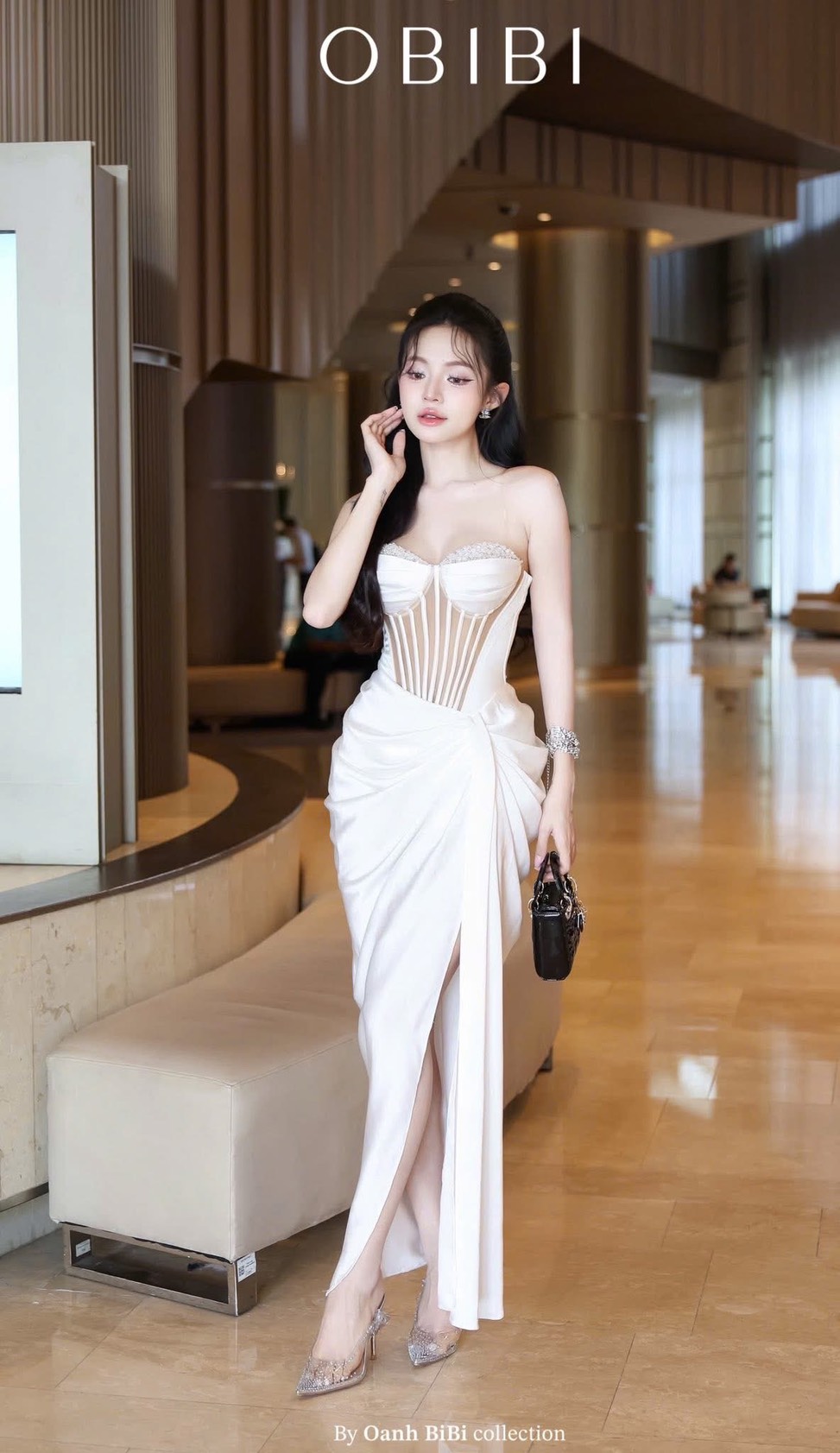 ชุดเดรส ราตรียาว เกาะอก เพรช สีขาว สีทอง สีฟ้า สีแดงไวน์ BRAND OBIBI 3084 Size S-M BKK - Image 6